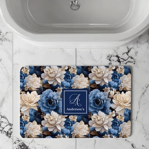Stylish Navy Flowers Custom Name Floral Bath Mat