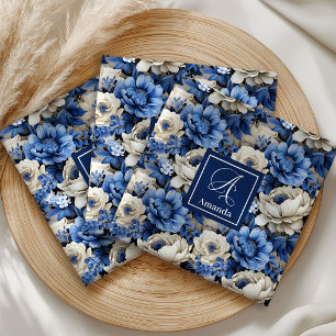 Stylish Navy Flowers Custom Name Floral Cloth  Napkin