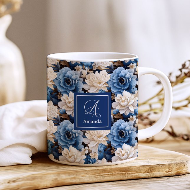 Stylish Navy Flowers Custom Name Floral Coffee Mug (Stylish Navy Flowers Custom Name Floral Coffee Mug)