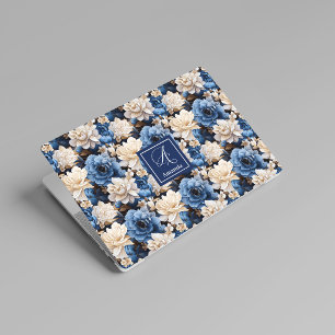 Stylish Navy Flowers Custom Name Floral Laptop HP Laptop Skin