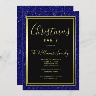 Stylish Navy Glitter, Gold Framed Christmas Party Invitation