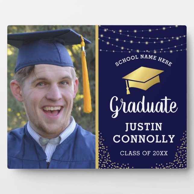 Stylish Navy & Gold Class of 2026 Graduation Photo Plaque (Front)