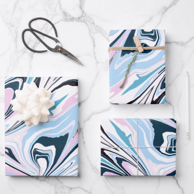 Stylish Navy Pink Marbled Acrylic Pouring Wrapping Paper Sheets (Front)