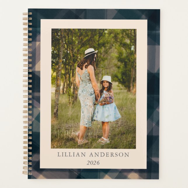 Stylish Navy Plaid Personalized Photo 2022  Planner (Front)