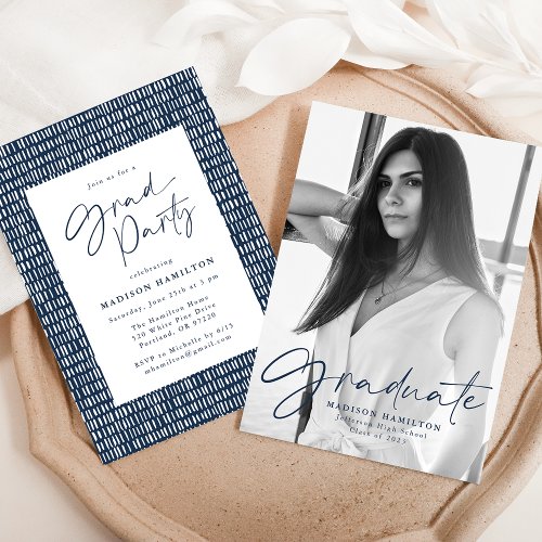 Stylish Navy Script Photo Graduation Party Invitation