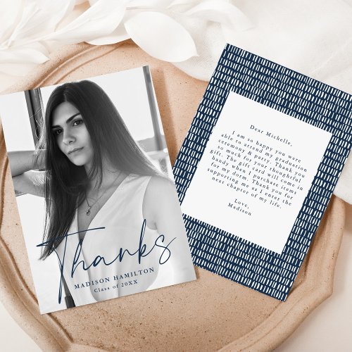 Stylish Navy Script Photo Graduation Thank You Card