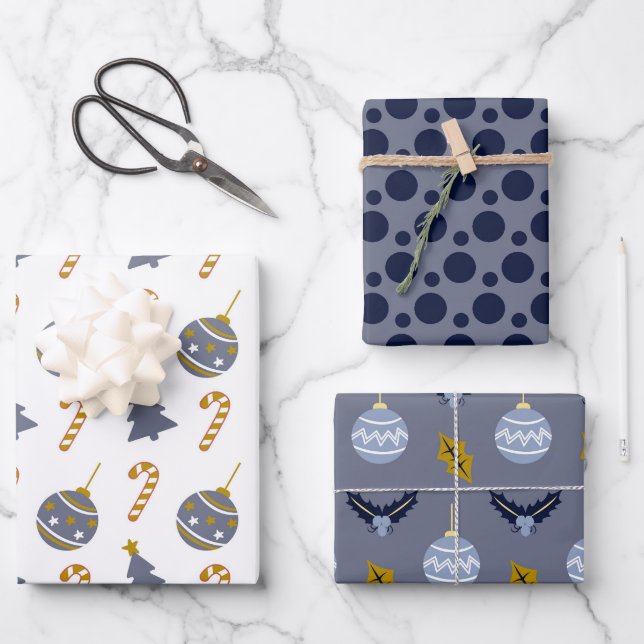 Stylish Navy Spot Christmas  Bauble Mix Trio Wrapping Paper Sheets (Front)