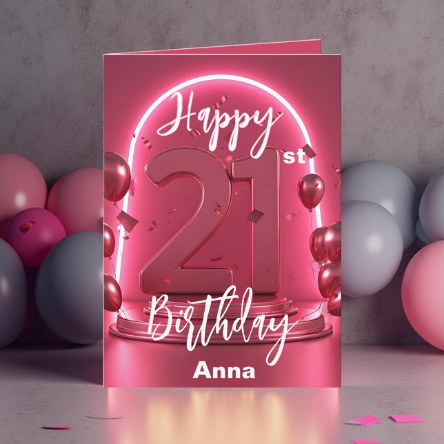 Stylish Neon Pink Glowing Balloons 21st Birthday Card (Creator Uploaded)