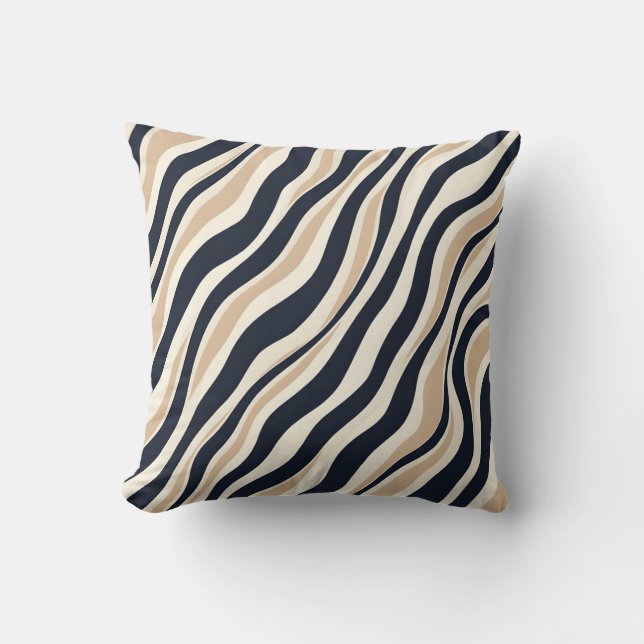 Stylish Neutral Beige Cream Charcoal Abstract Wavy Throw Pillow (Front)