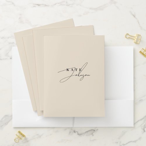 Stylish Neutral Beige Signature Script Monogram Pocket Folder