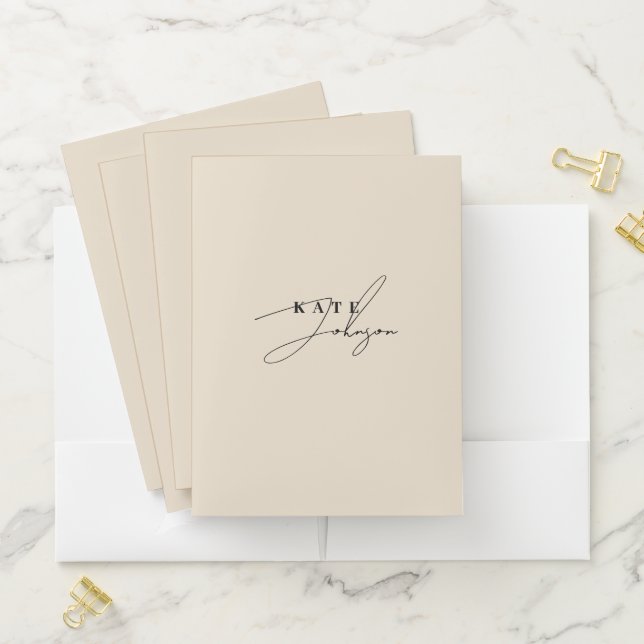 Stylish Neutral Beige Signature Script Monogram Pocket Folder (In Situ)