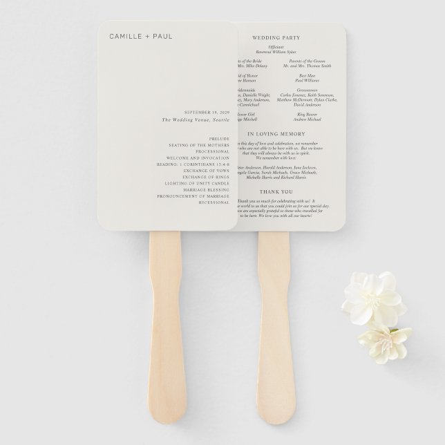 Stylish Neutral Minimalist Wedding Program Hand Fan (Front and Back)