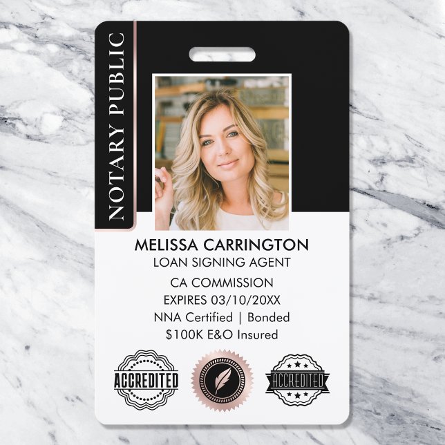 Stylish Notary Public Photo QR Black Rose Gold Badge (Creator Uploaded)