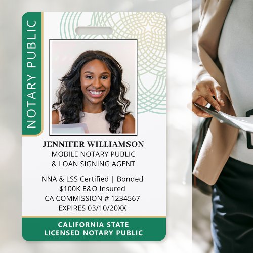 Stylish Notary Public Photo QR Code ID Green Badge