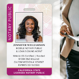 Stylish Notary Public Photo QR Code ID Magenta Badge