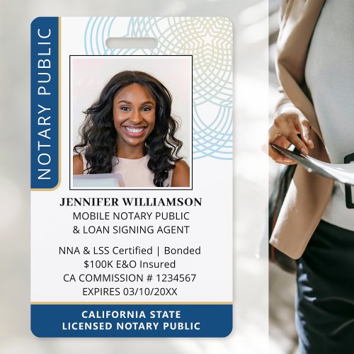 Stylish Notary Public Photo QR Code ID Navy Blue Badge