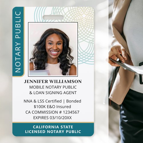 Stylish Notary Public Photo QR Code ID Teal Badge