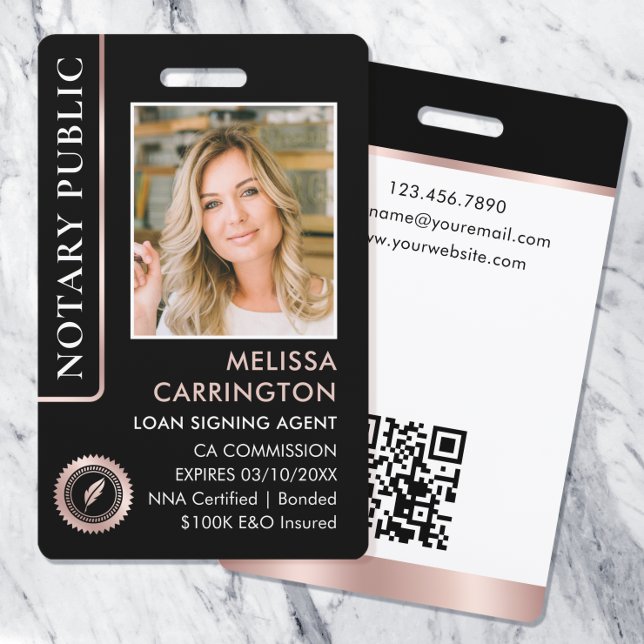 Stylish Notary Public Photo QR ID Black Rose Gold Badge (Creator Uploaded)