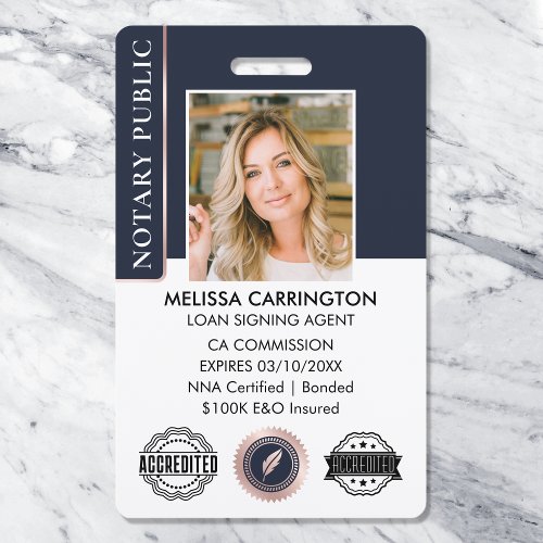 Stylish Notary Public Photo QR Logo Blue Rose Gold Badge