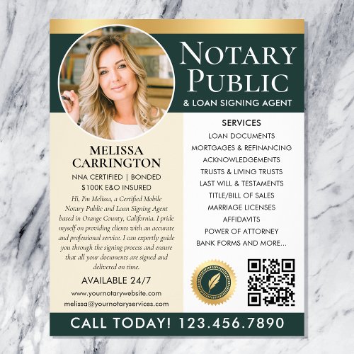 Stylish Notary Public Services Photo Green Gold Flyer