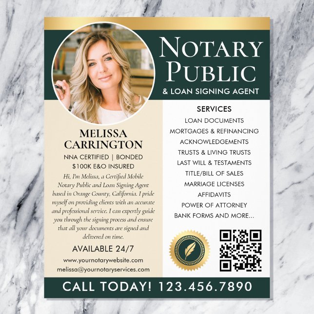 Stylish Notary Public Services Photo Green Gold Flyer (Creator Uploaded)