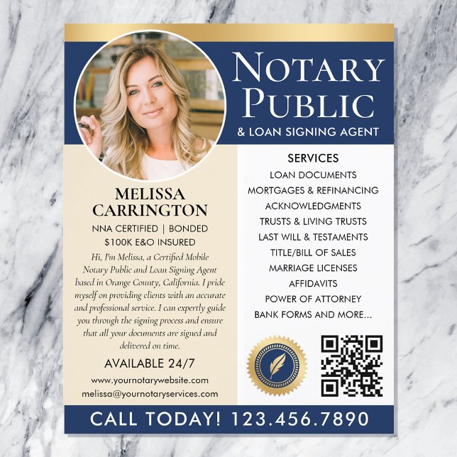 Stylish Notary Public Services Photo Navy Gold Flyer (Creator Uploaded)