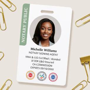 Stylish Notary Public Signing Agent Photo ID Green Badge