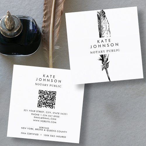 Stylish Notary Signing Agent Feather Quill Logo Square Business Card