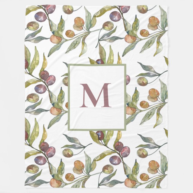 Stylish Olive Branches Monogram  Fleece Blanket (Front)