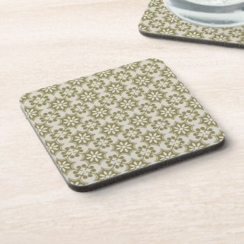 Stylish Olive Green Fleur De Lis Repeating Pattern Beverage Coaster by sumwoman at Zazzle