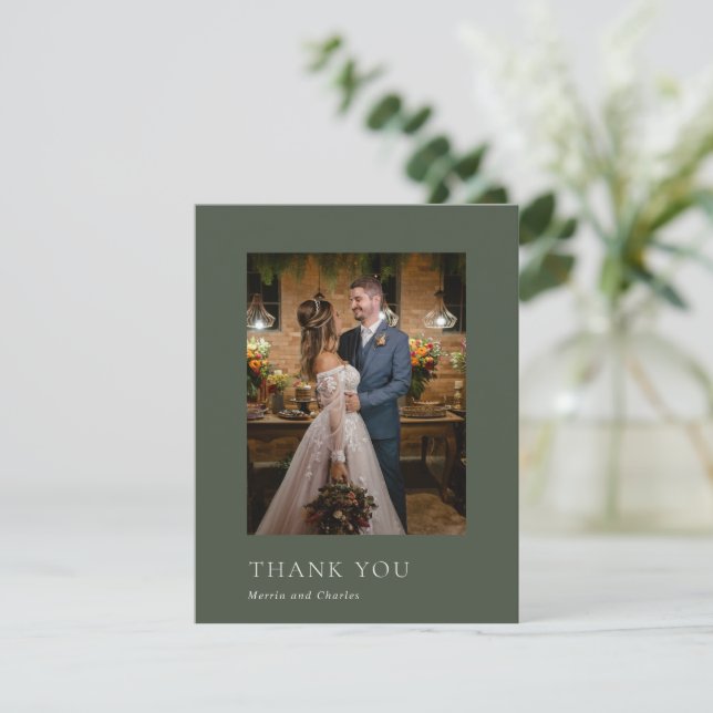 Stylish Olive Green Photo Modern Wedding Thank You Card (Standing Front)