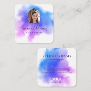 Stylish Ombre Blue Pink Watercolor Photo Abstract Square Business Card