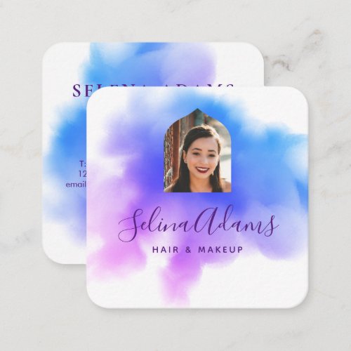 Stylish Ombre Blue Pink Watercolor Photo Abstract Square Business Card