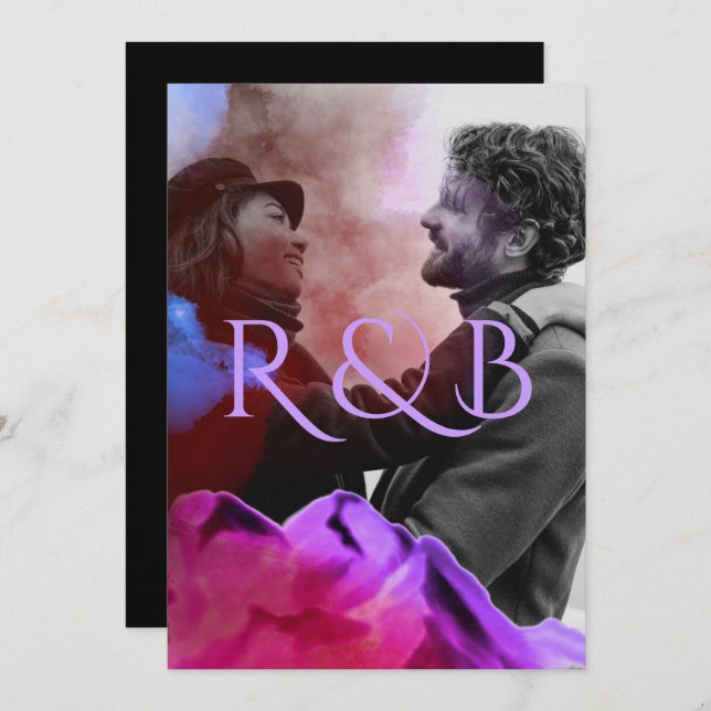 Stylish Ombre Mountains Overlay Photo Wedding Invitation (Front/Back)