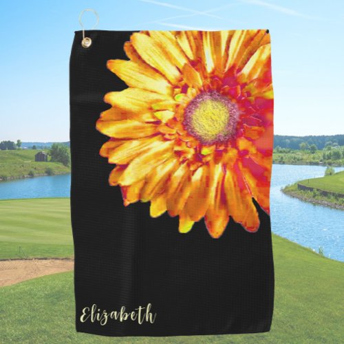 Stylish orange and black daisy custom name floral golf towel