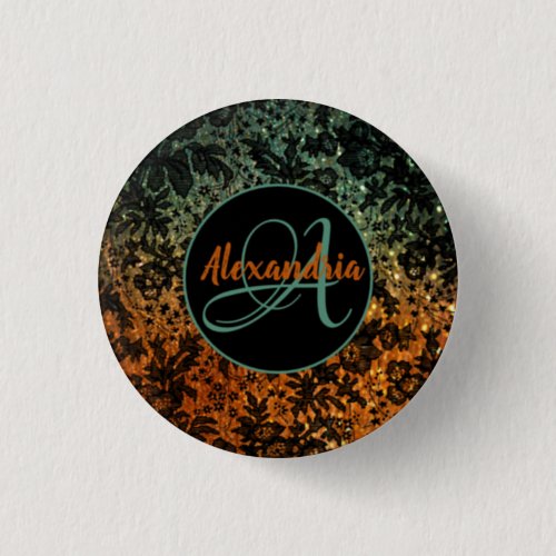 Stylish Orange and Green Black Floral Monogram    Button