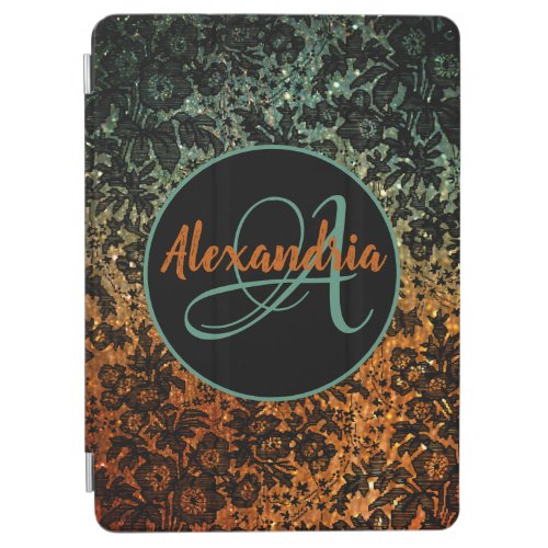 Stylish Orange and Green Black Floral Monogram   iPad Air Cover