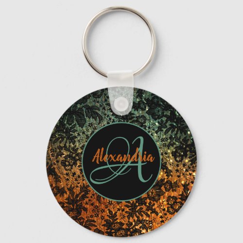 Stylish Orange and Green Black Floral Monogram   Keychain