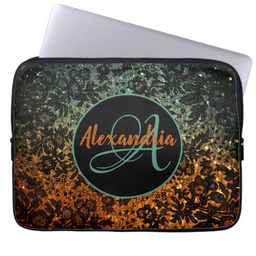 Stylish Orange and Green Black Floral Monogram   Laptop Sleeve