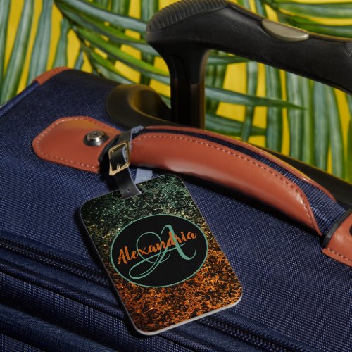 Stylish Orange and Green Black Floral Monogram  Luggage Tag