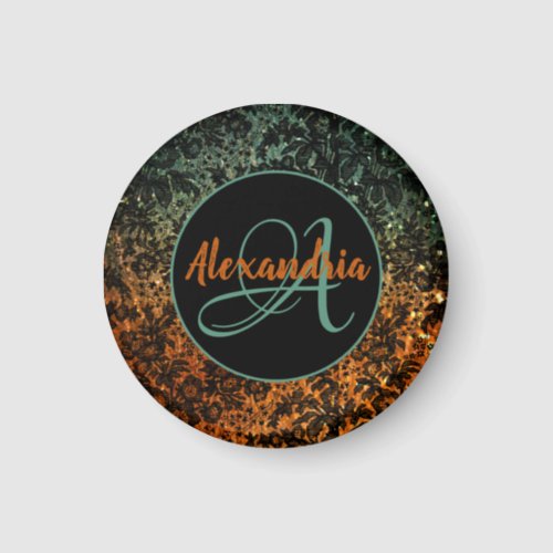 Stylish Orange and Green Black Floral Monogram  Magnet