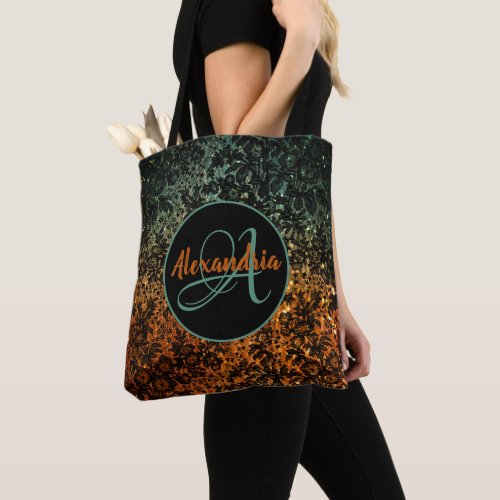 Stylish Orange and Green Black Floral Monogram Tote Bag