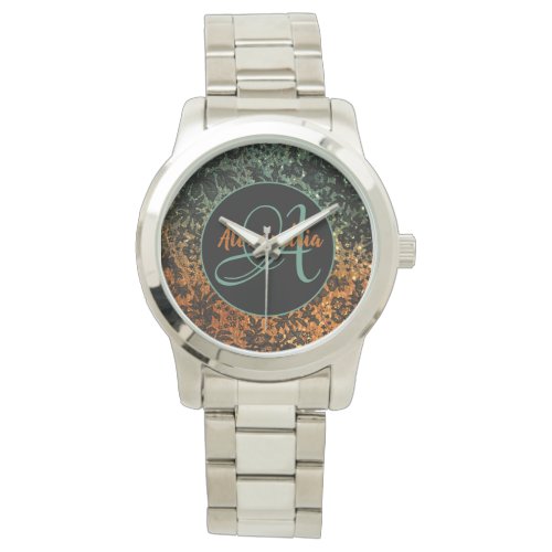 Stylish Orange and Green Black Floral Monogram   Watch