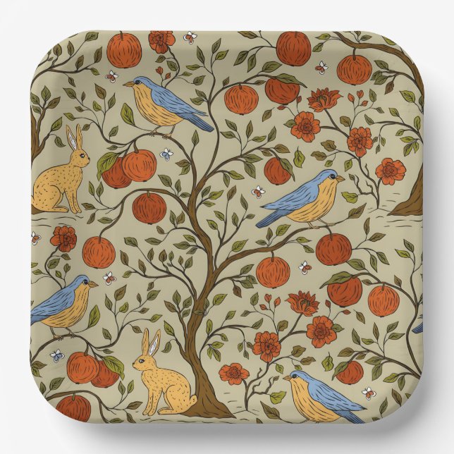 Stylish Orange Apples on Brown Trees Design Paper Plates (Front)