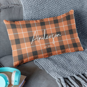 Stylish Orange & Black Fall Color Plaid Lumbar Pillow