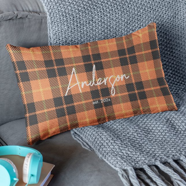 Stylish Orange & Black Fall Color Plaid Lumbar Pillow (Creator Uploaded)