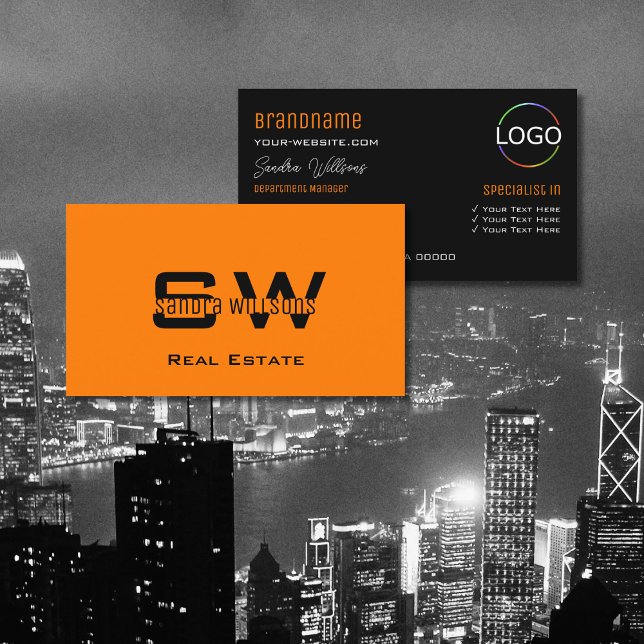 Stylish Orange Black Modern with Monogram and Logo Business Card (Creator Uploaded)