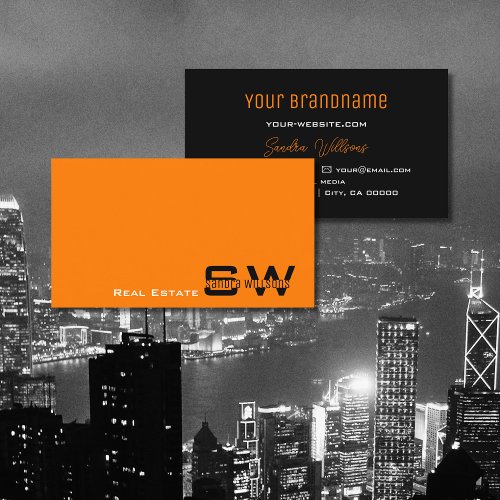 Stylish Orange Black Modern with Monogram Simple Business Card