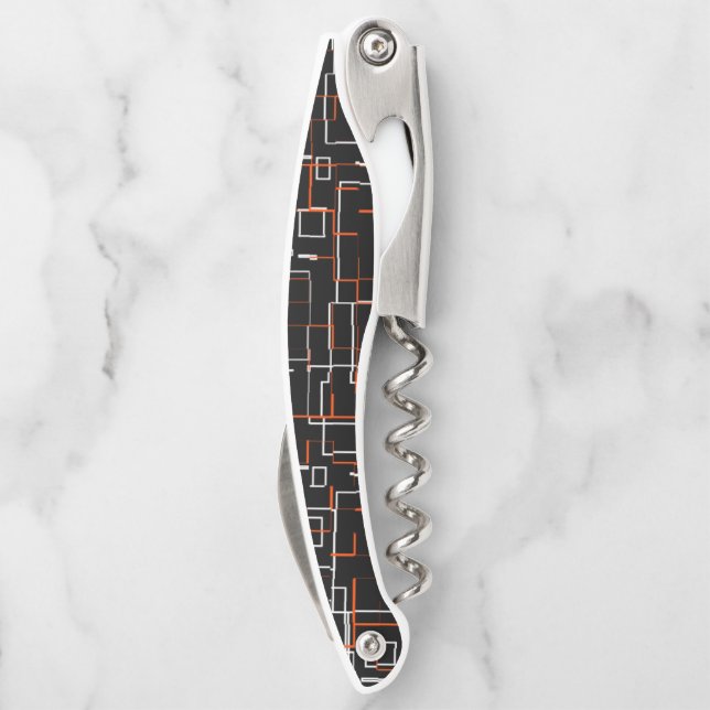 Stylish Orange Black Pattern  Square Wall Clock Waiter's Corkscrew (Back)
