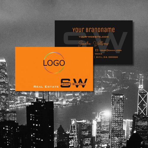 Stylish Orange Black with Monogram and Logo Simple Business Card